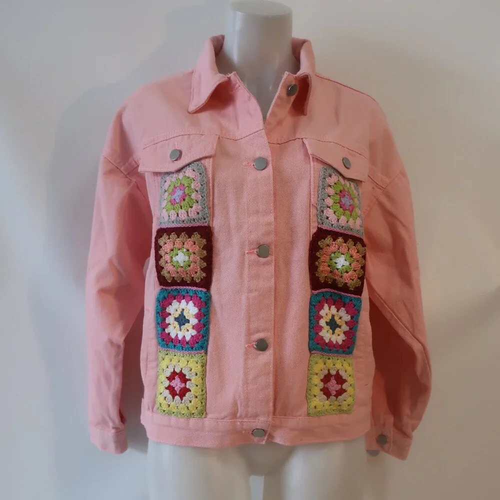 NWT Womens Regina (Item- 217) Pink Multicolor Crochet Motif Denim Jacket L - Picture 2 of 8